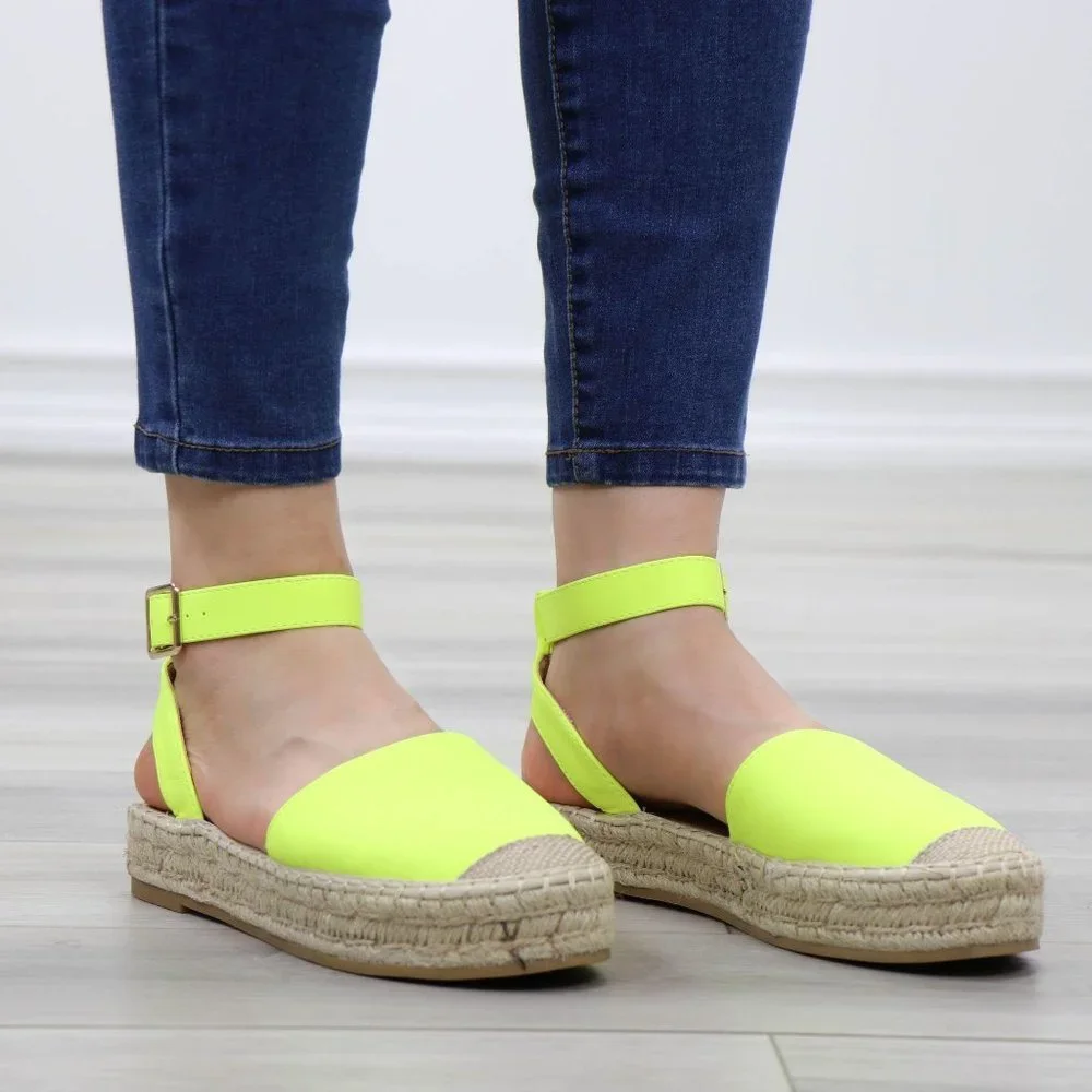 Neon Yellow Espadrille Ankle-Strap Sandals
